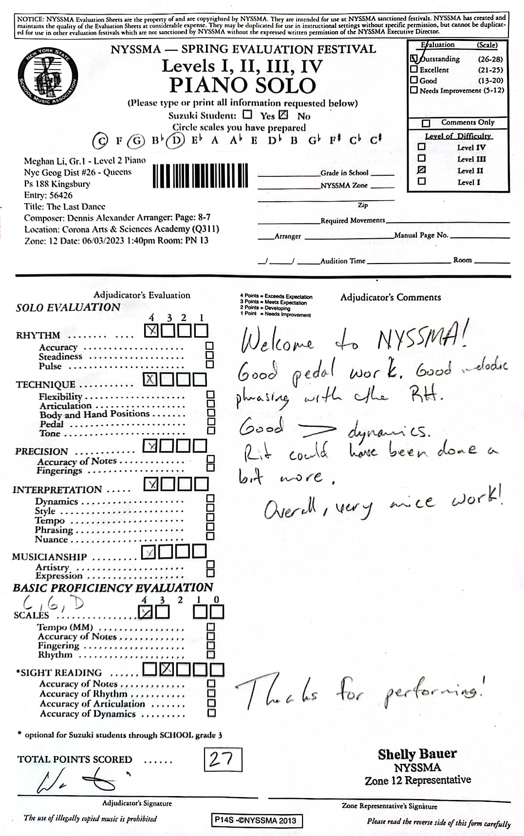 Meghan passed NYSSMA 2 Grade Piano Exam in New York with nearly full scores