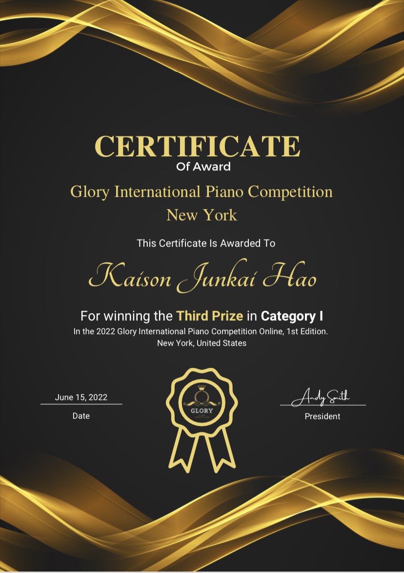 Kaison won the Third Prize in Glory International Piano Competition