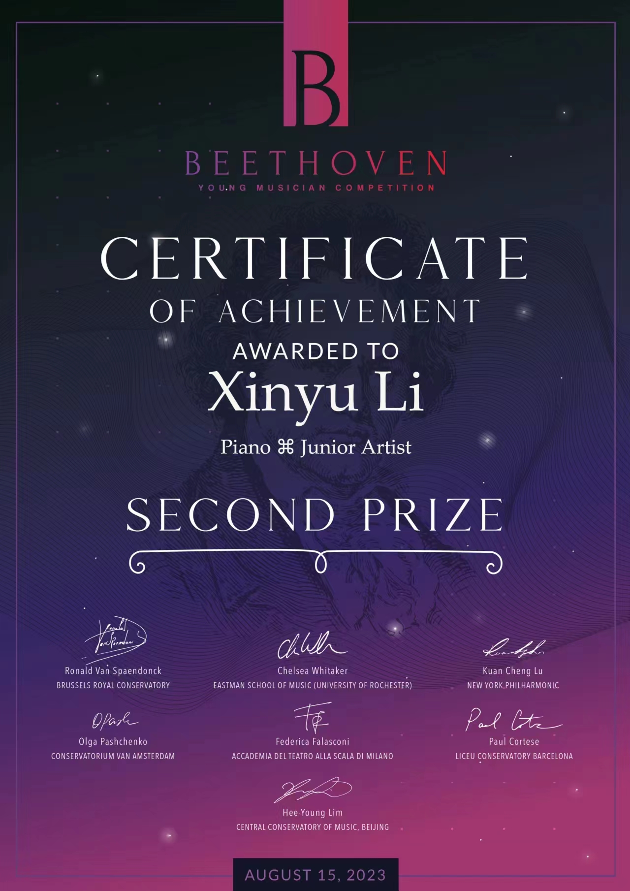 A Trailblazing Journey: Xinyu Li's Success Continues with Second Prize in Beethoven Young Musician Competition