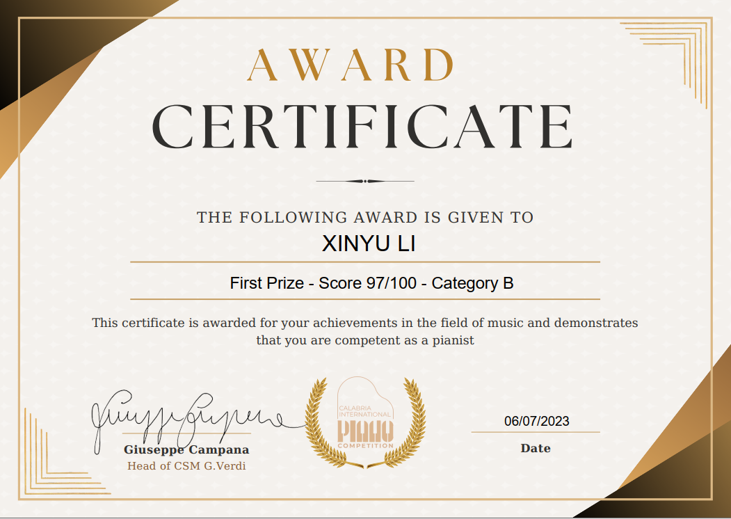 Exceptional Achievement: Xinyu Li Wins First Prize in Calabria International Piano Competition